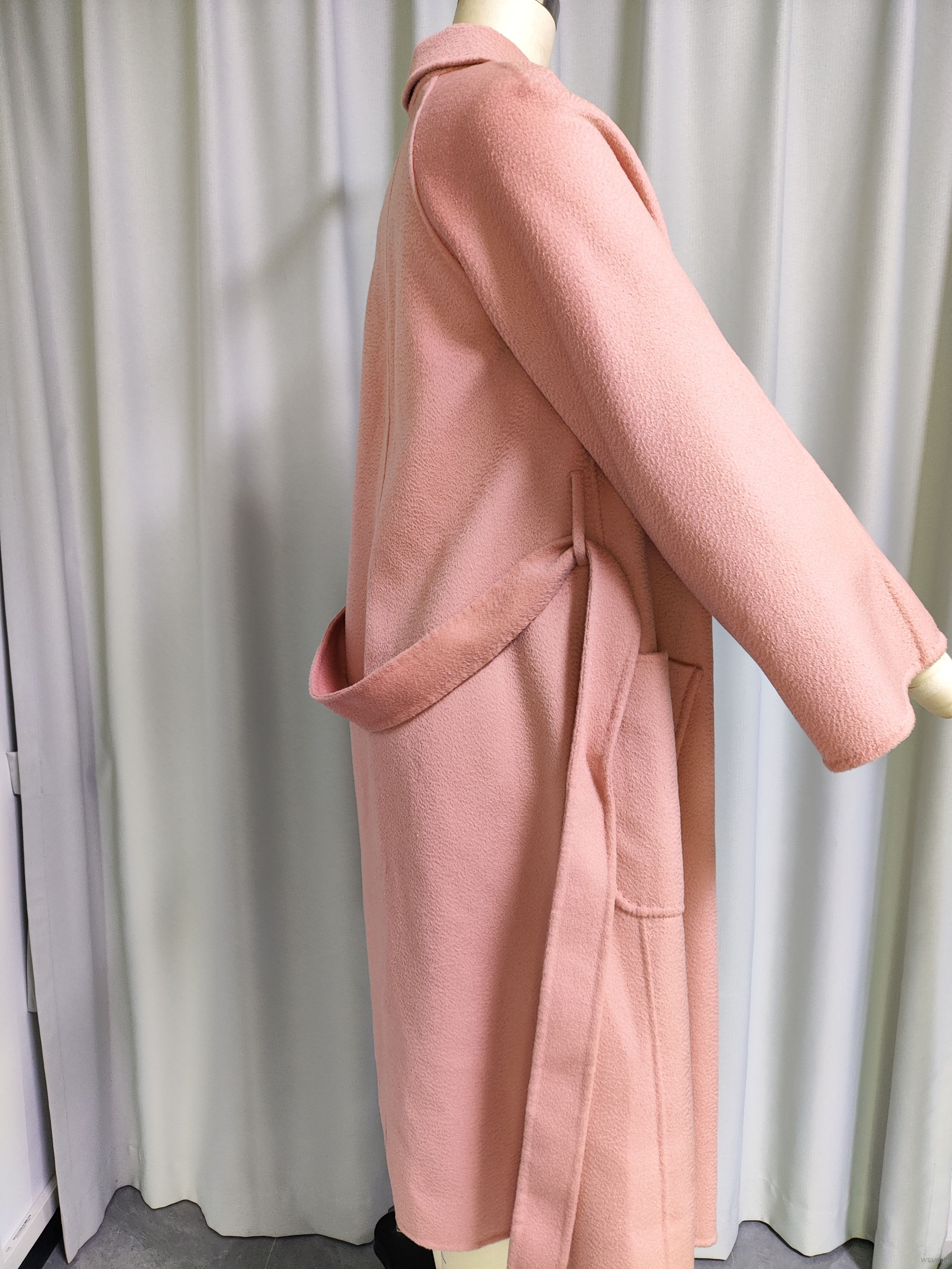 Pink Belted Wool - Blend Wrap Coat with Pockets