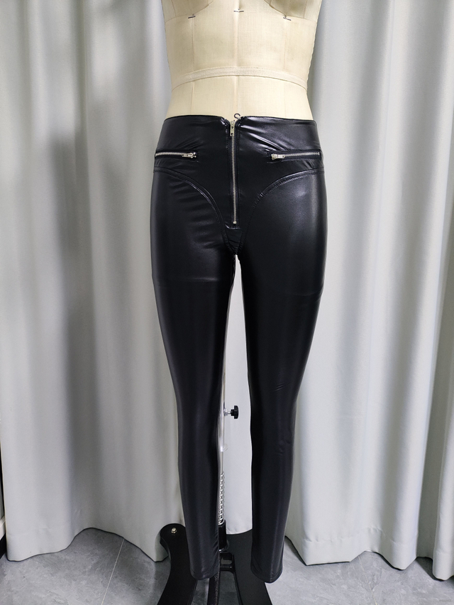 Women's Faux Leather Skinny Leggings with Front Zippers
