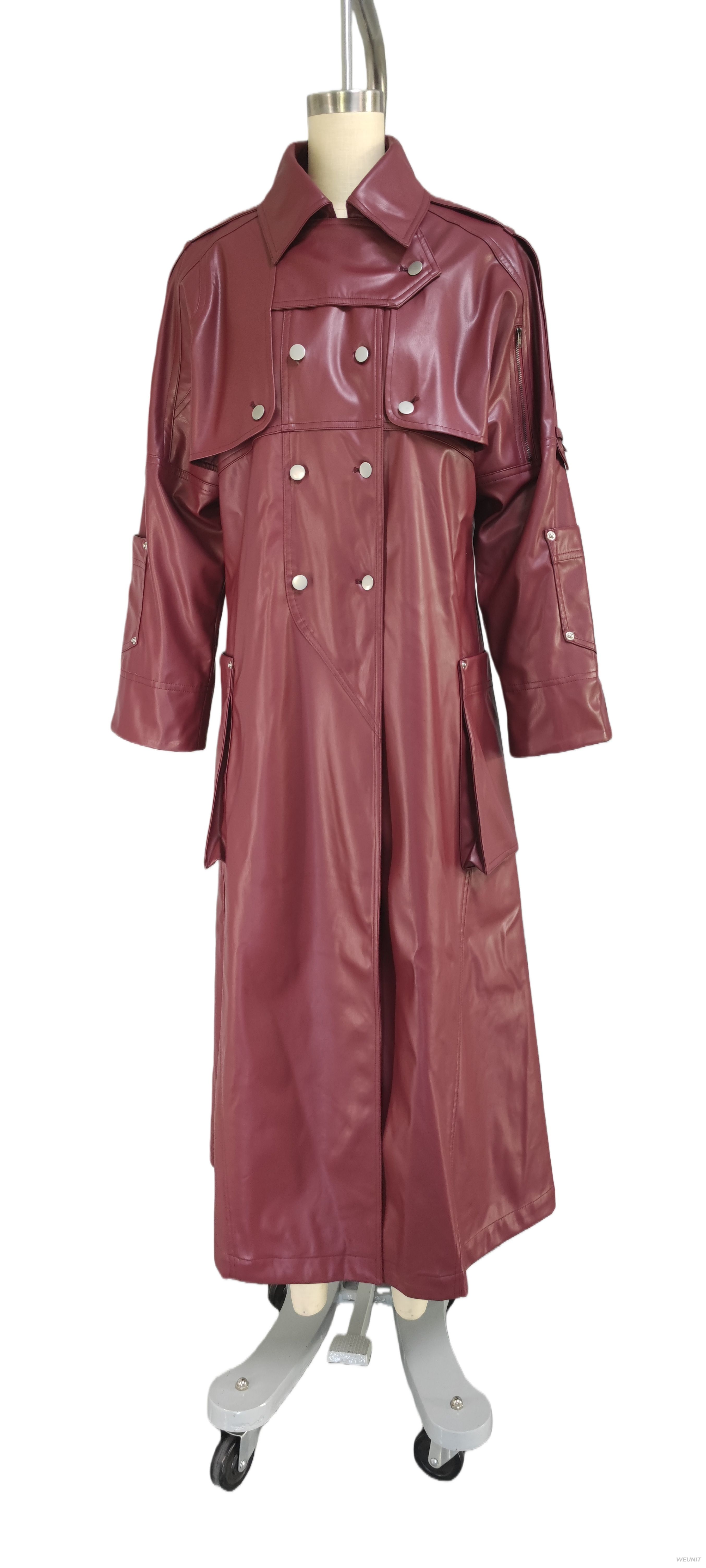 Women's Burgundy Faux Leather Trench Coat with Double - Breasted Design