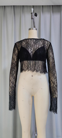 Women's Sheer Long-Sleeve Lace Crop Top with Built-in Bra