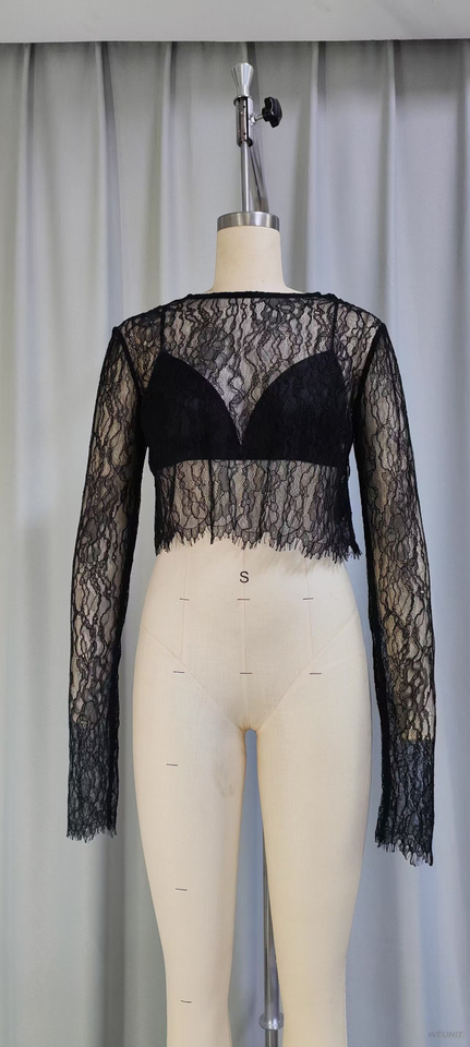 Women's Sheer Long-Sleeve Lace Crop Top with Built-in Bra