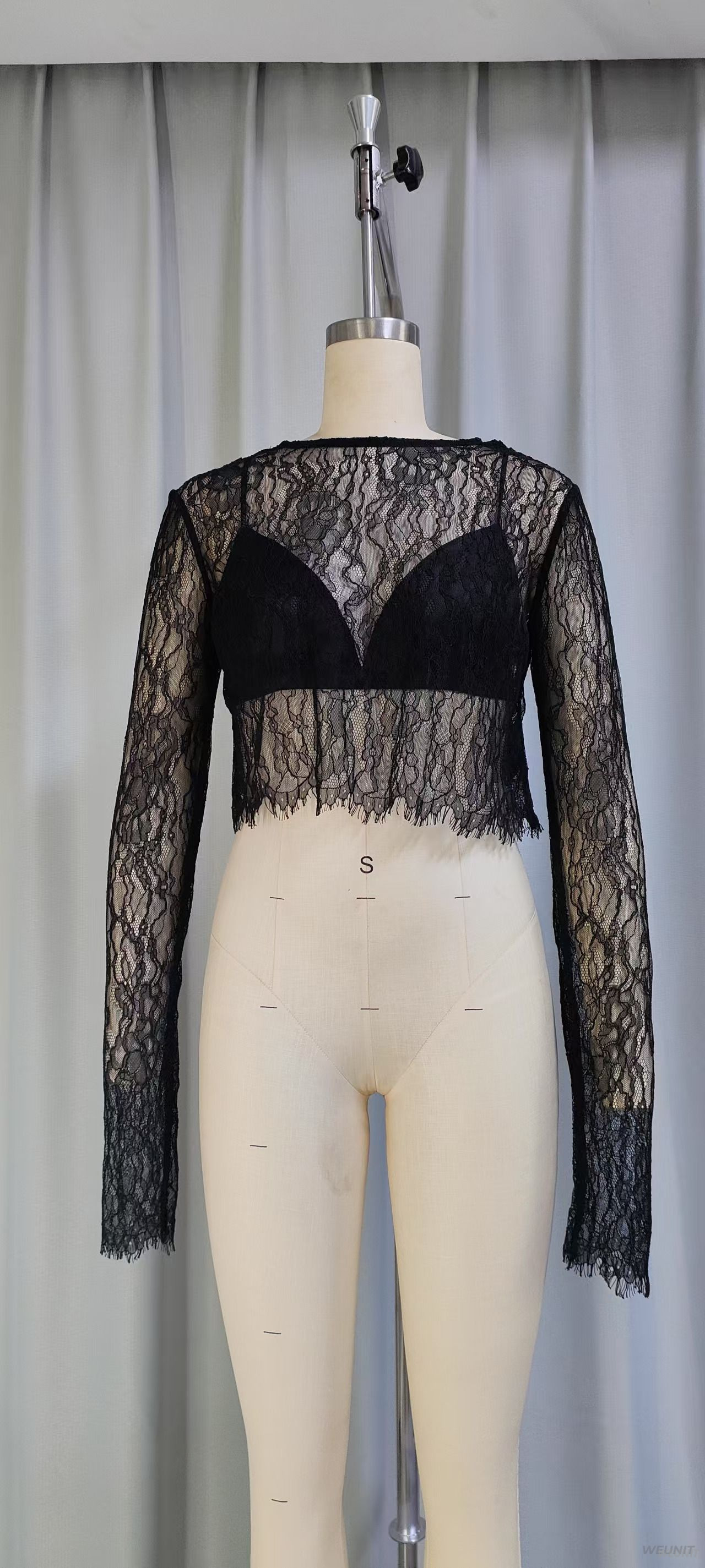 Women's Sheer Long-Sleeve Lace Crop Top with Built-in Bra