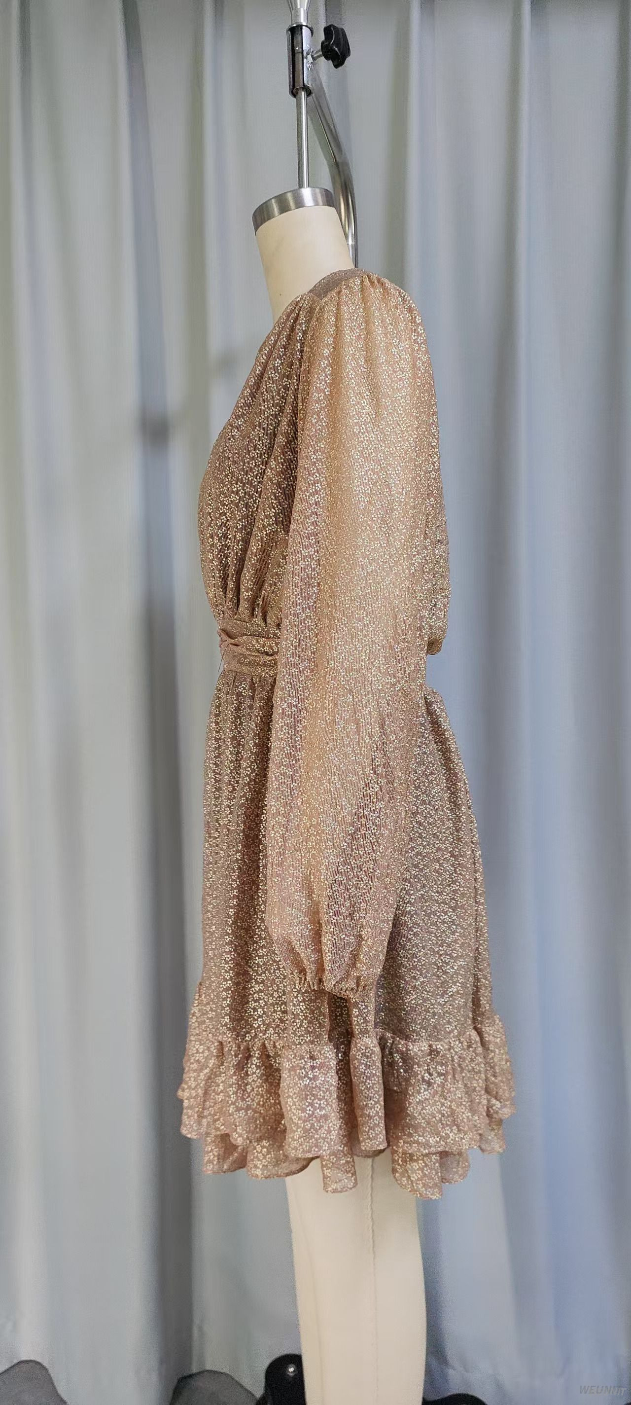 Sparkly Gold Long-Sleeve Ruffled Mini Dress with Waist Tie