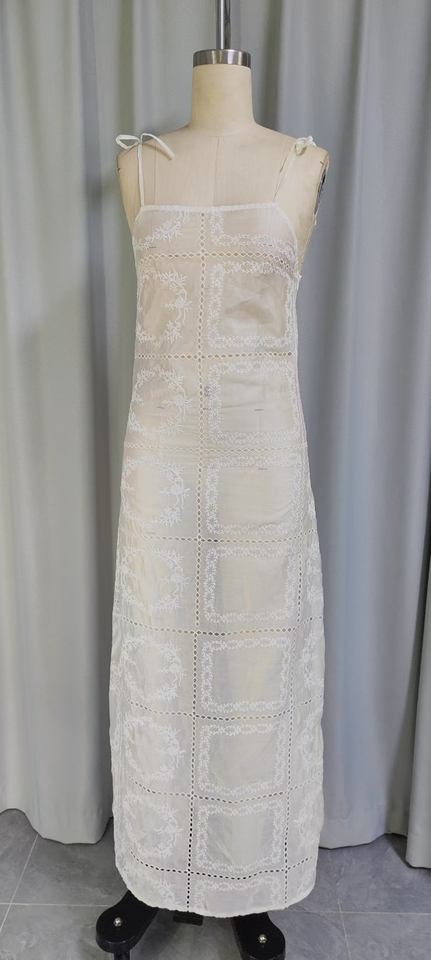 Vintage-inspired Sheer Lace Maxi Slip Dress with Floral Embroidery