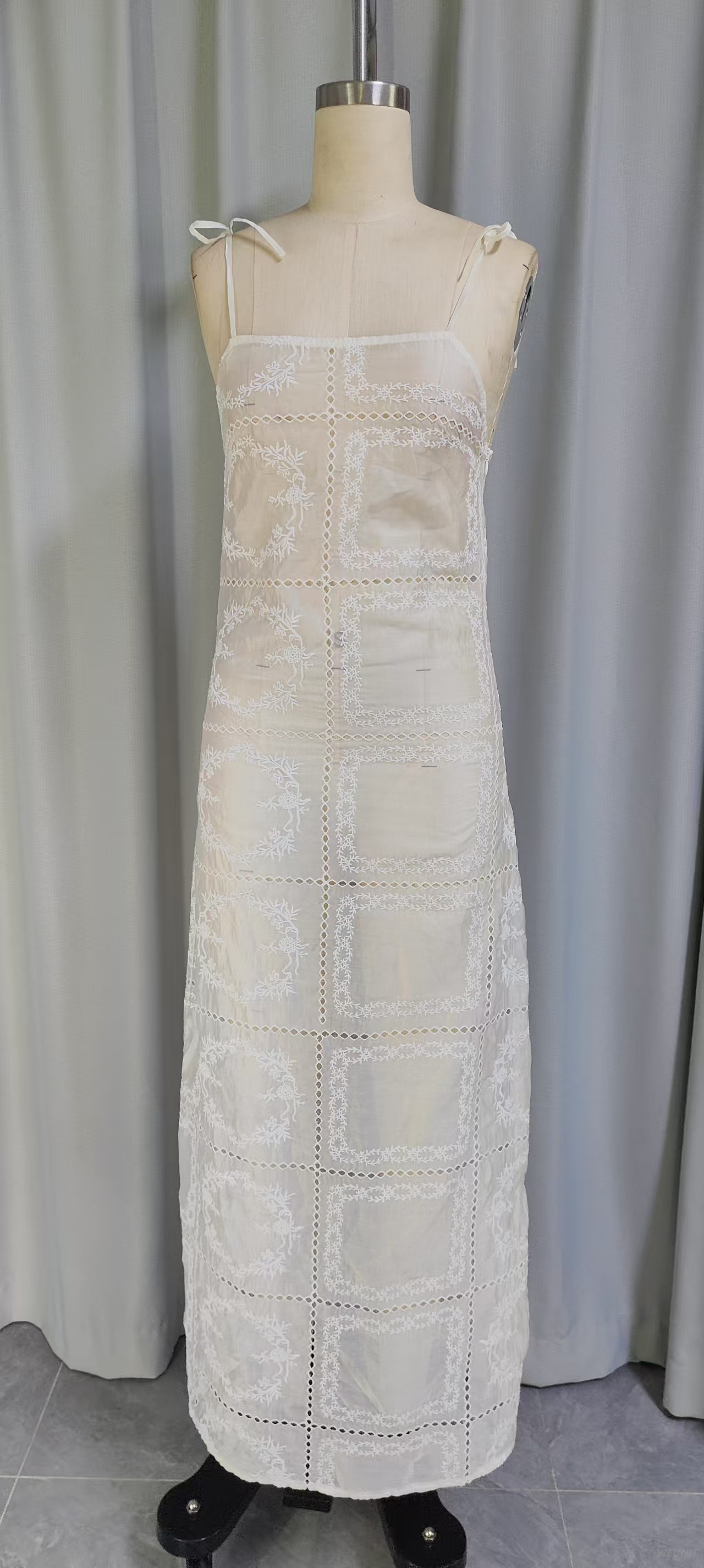 Vintage-inspired Sheer Lace Maxi Slip Dress with Floral Embroidery