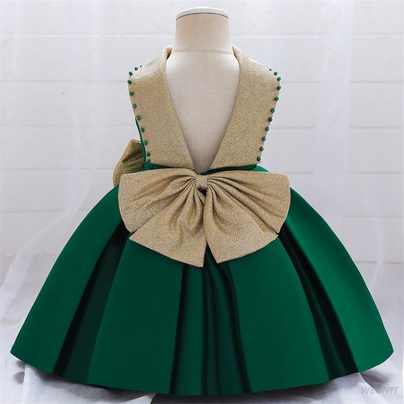Green Satin Flower Girl Dress with Gold Bow-Back Elegance