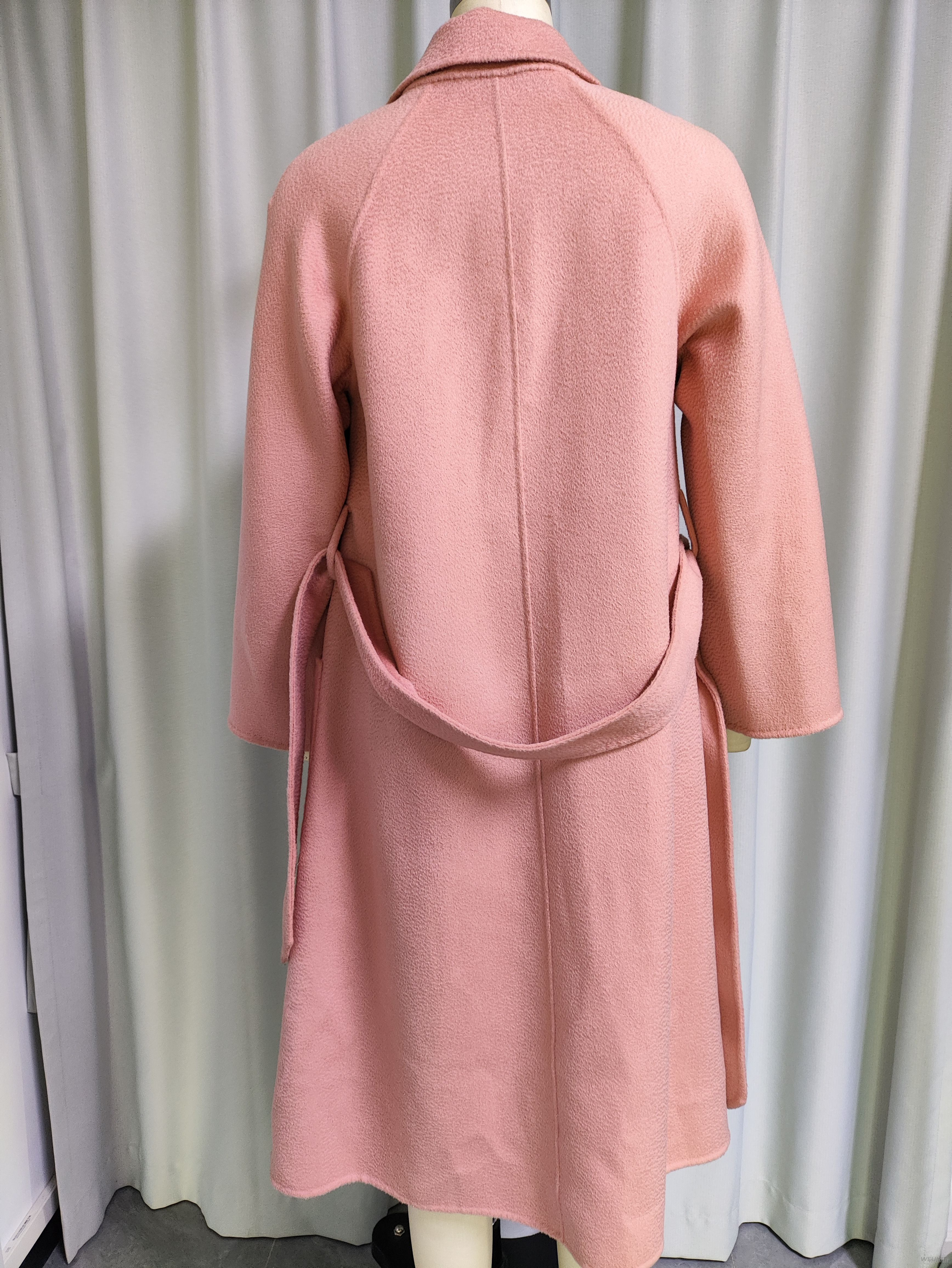 Pink Belted Wool - Blend Wrap Coat with Pockets