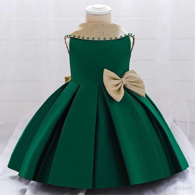 Green Satin Flower Girl Dress with Gold Bow-Back Elegance