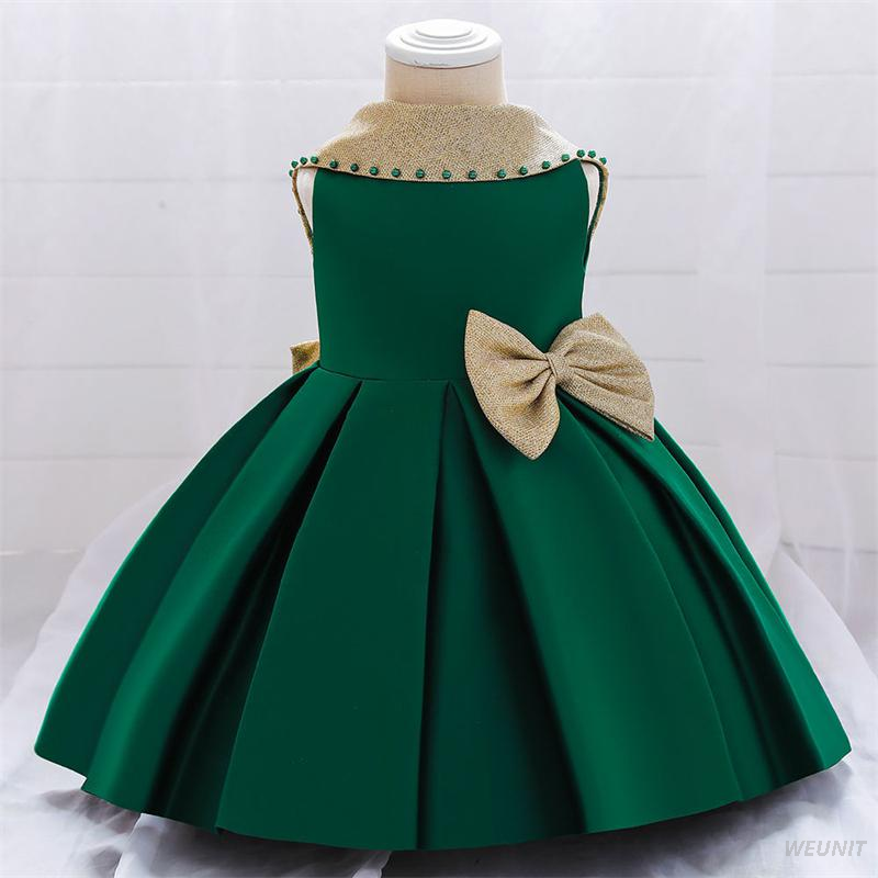 Green Satin Flower Girl Dress with Gold Bow-Back Elegance