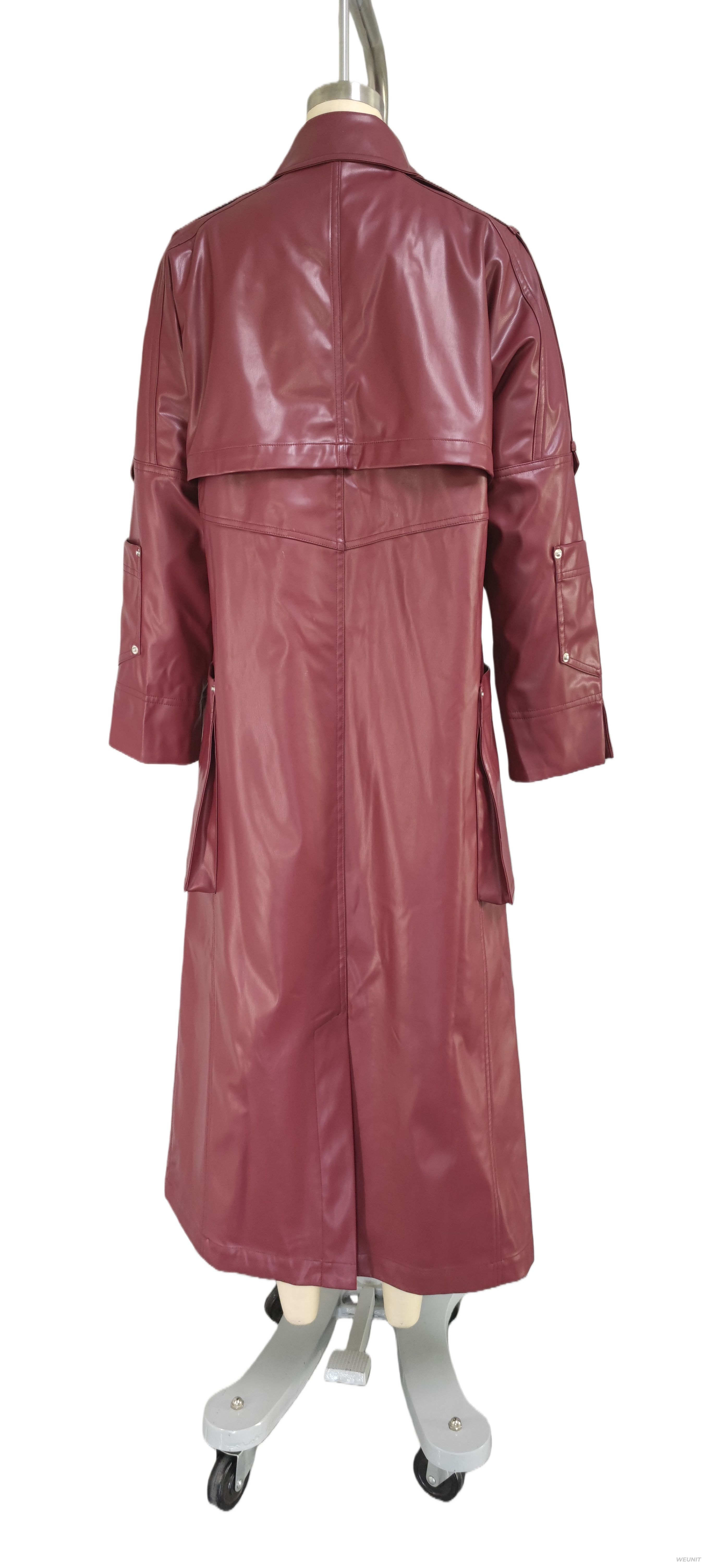 Women's Burgundy Faux Leather Trench Coat with Double - Breasted Design