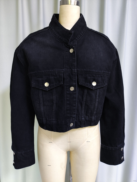 Black Cropped Denim Jacket with Button - Up Pockets