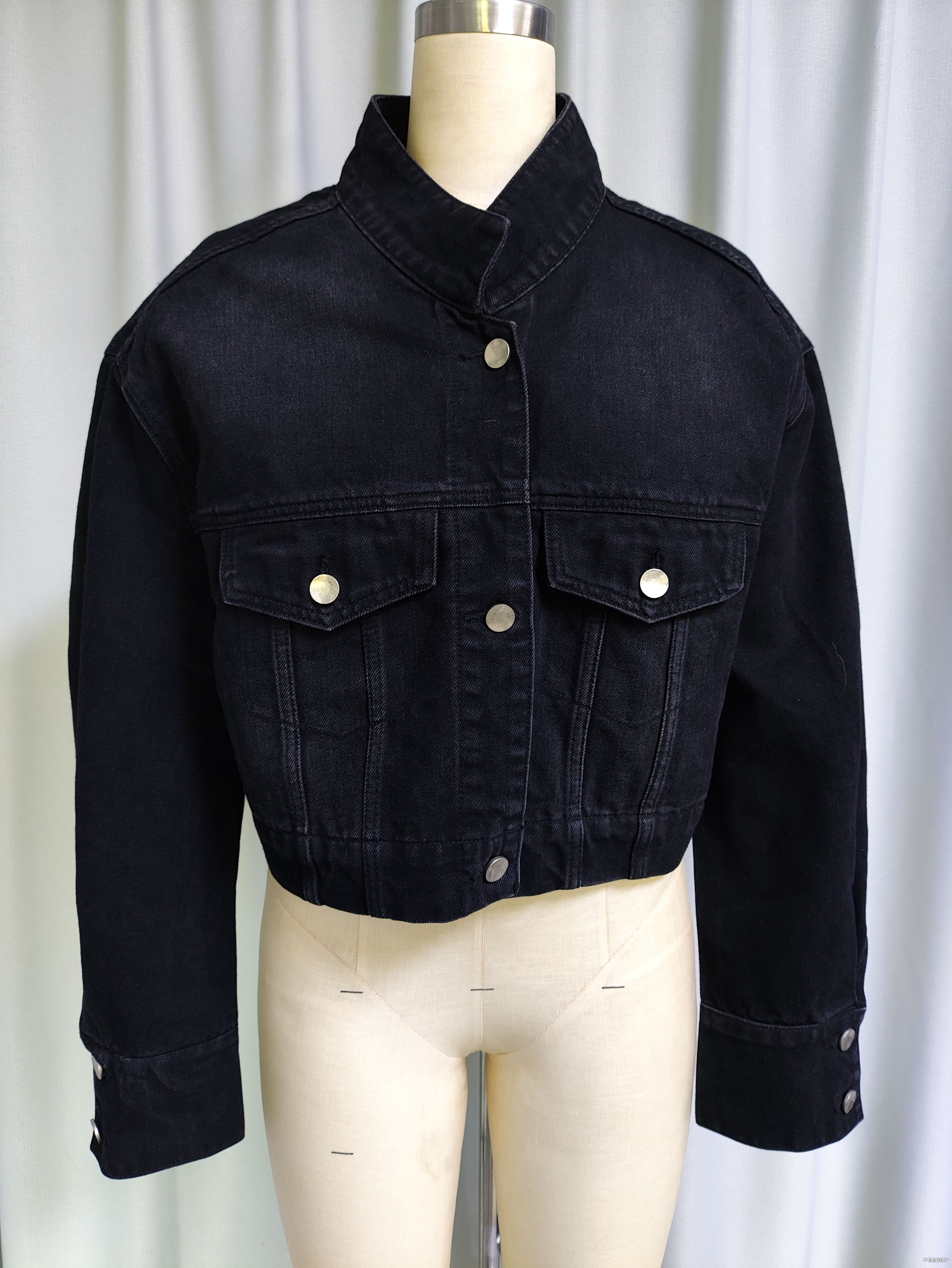 Black Cropped Denim Jacket with Button - Up Pockets