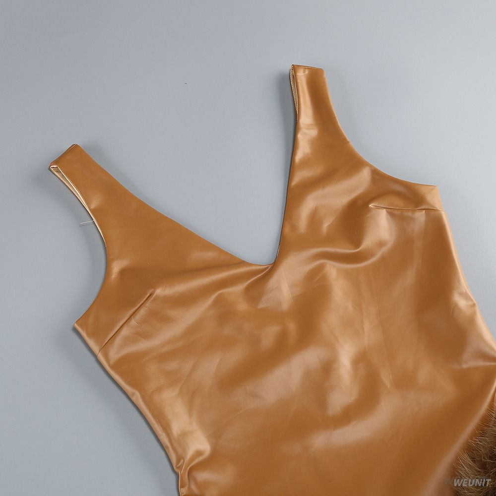 Vintage-Inspired Faux Leather Bodysuit with Fluffy Fur