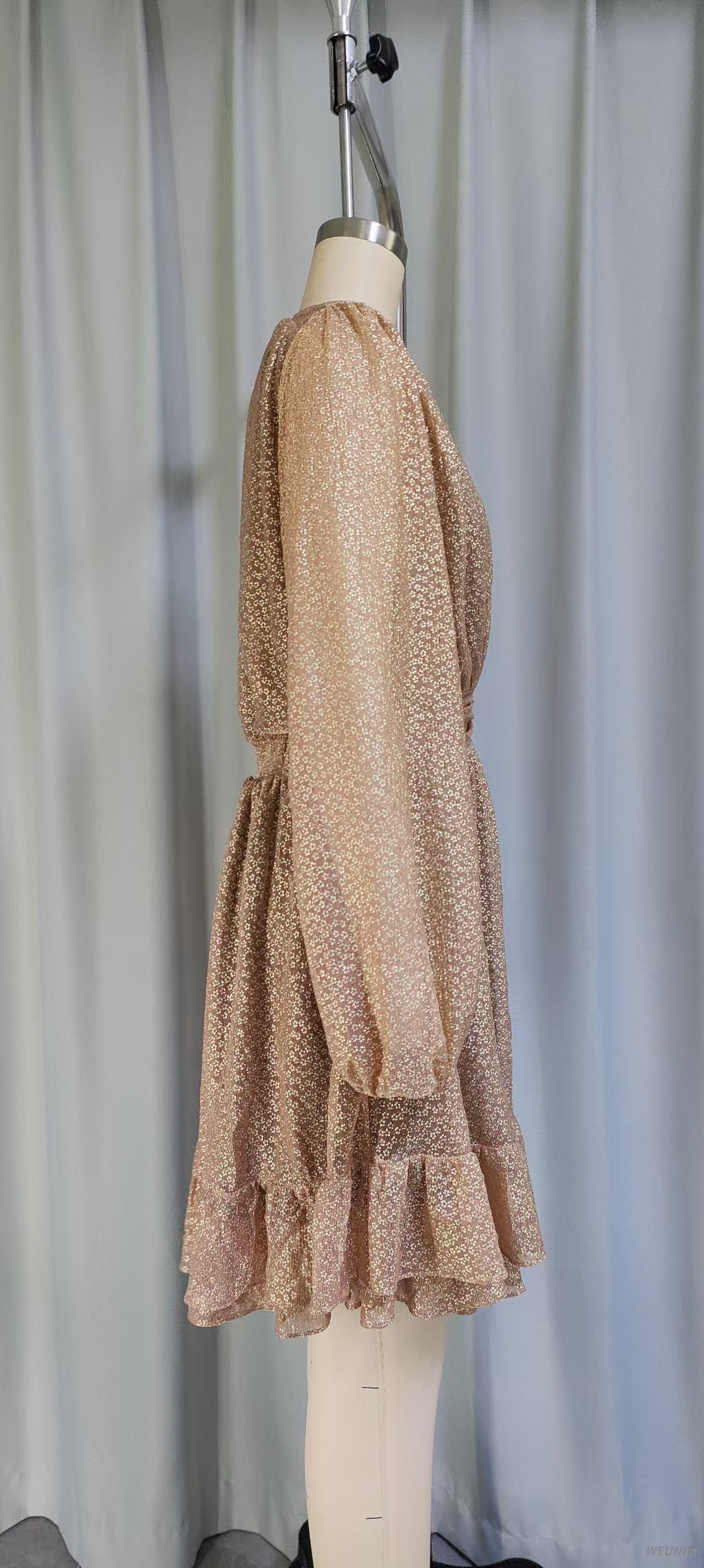 Sparkly Gold Long-Sleeve Ruffled Mini Dress with Waist Tie