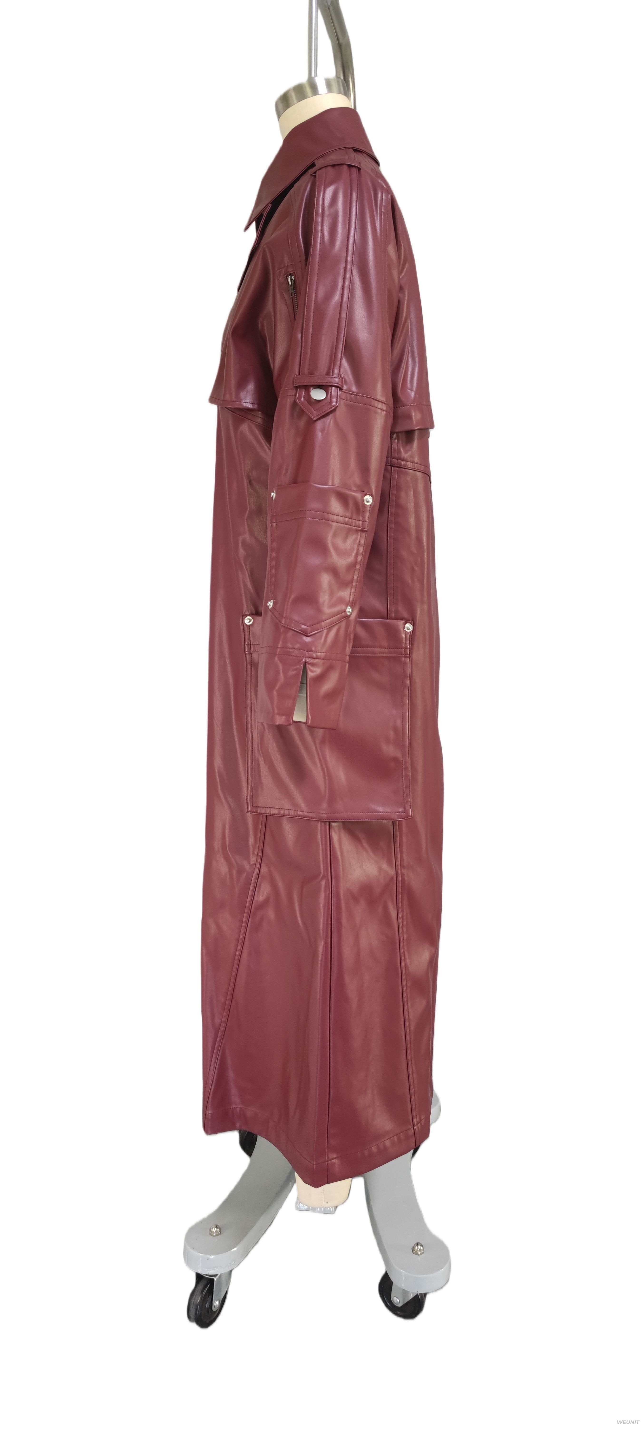 Women's Burgundy Faux Leather Trench Coat with Double - Breasted Design