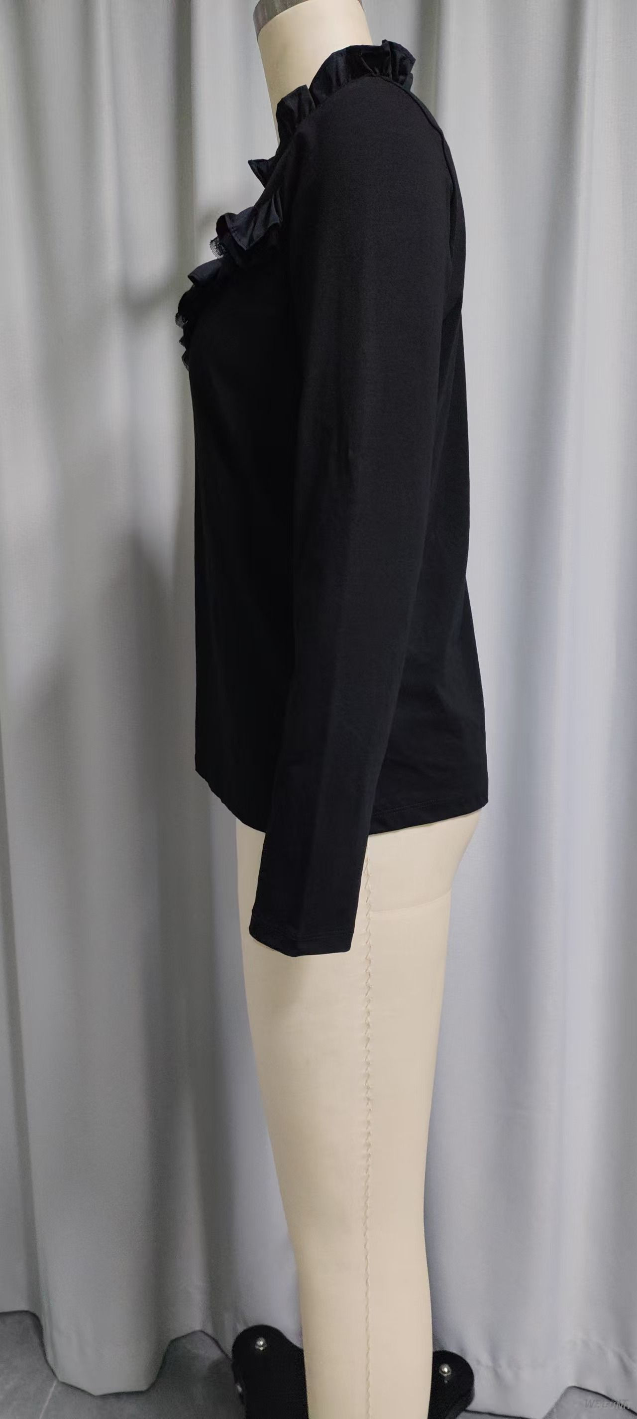 Women's Black Mesh Ruffled Long-Sleeve Top