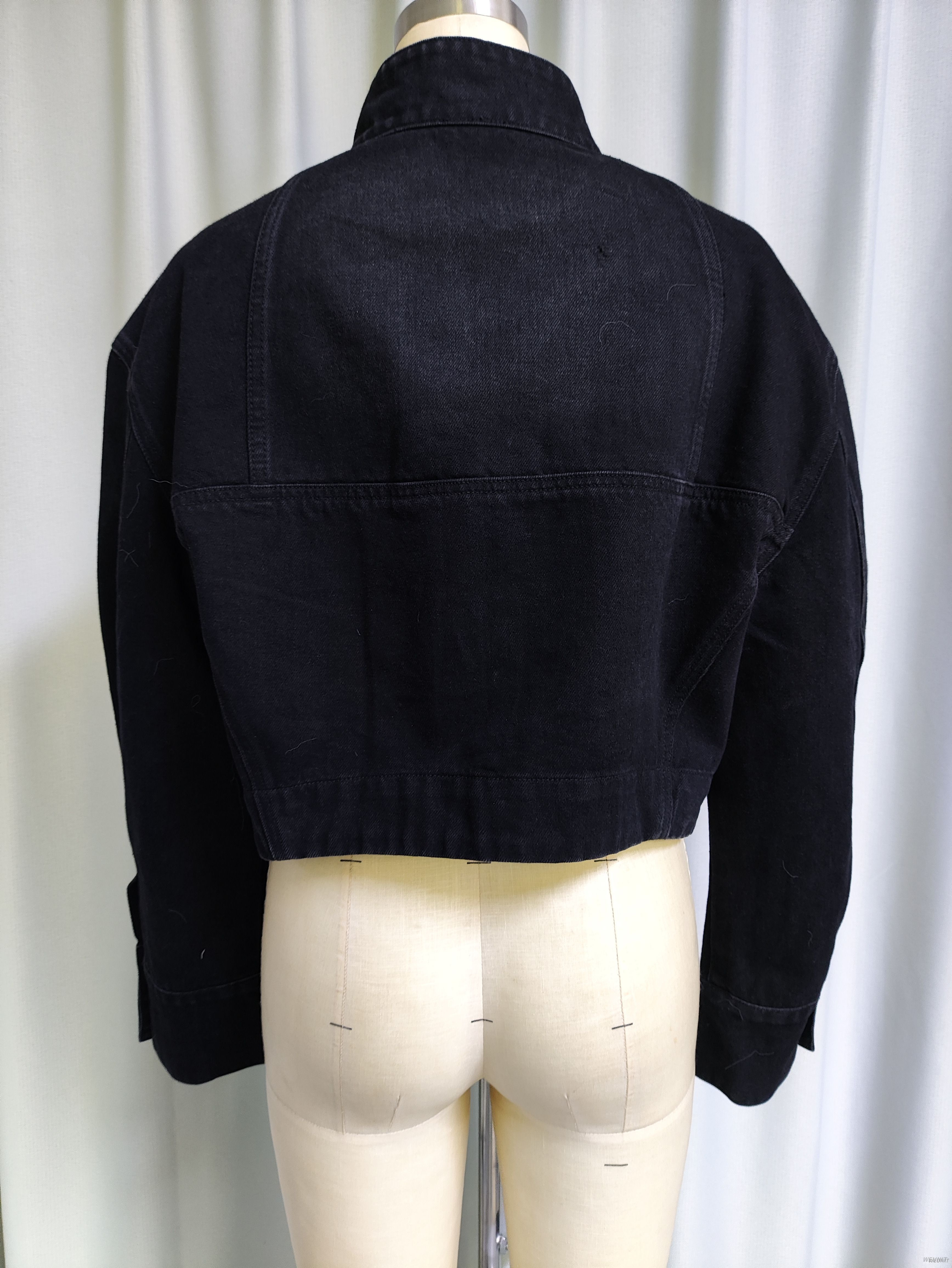 Black Cropped Denim Jacket with Button - Up Pockets