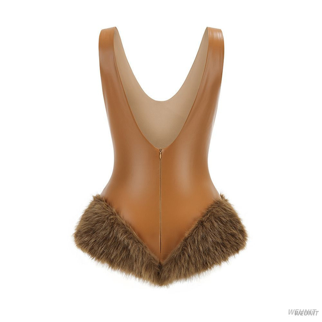 Vintage-Inspired Faux Leather Bodysuit with Fluffy Fur