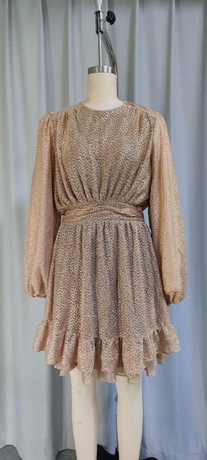 Sparkly Gold Long-Sleeve Ruffled Mini Dress with Waist Tie