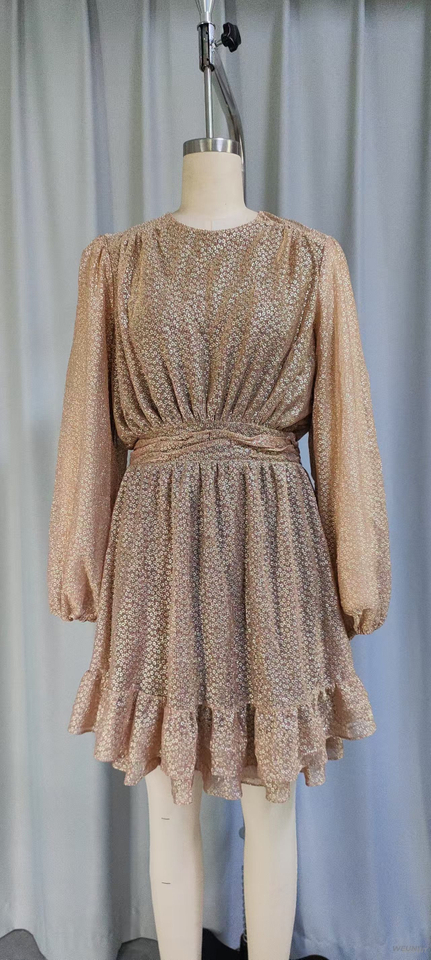 Sparkly Gold Long-Sleeve Ruffled Mini Dress with Waist Tie