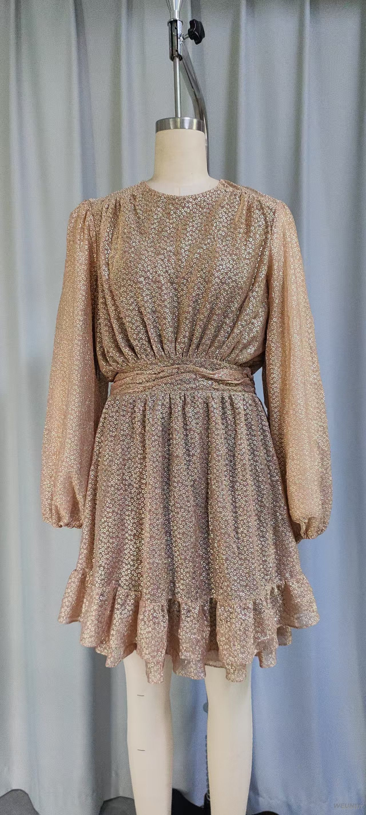 Sparkly Gold Long-Sleeve Ruffled Mini Dress with Waist Tie