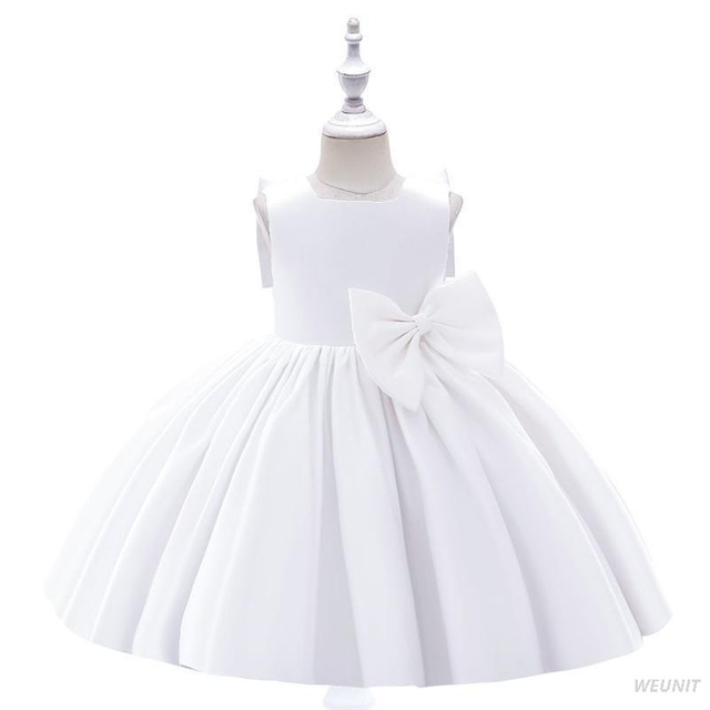 Satin Flower Girl Dress with Gold Bow-Back Elegance