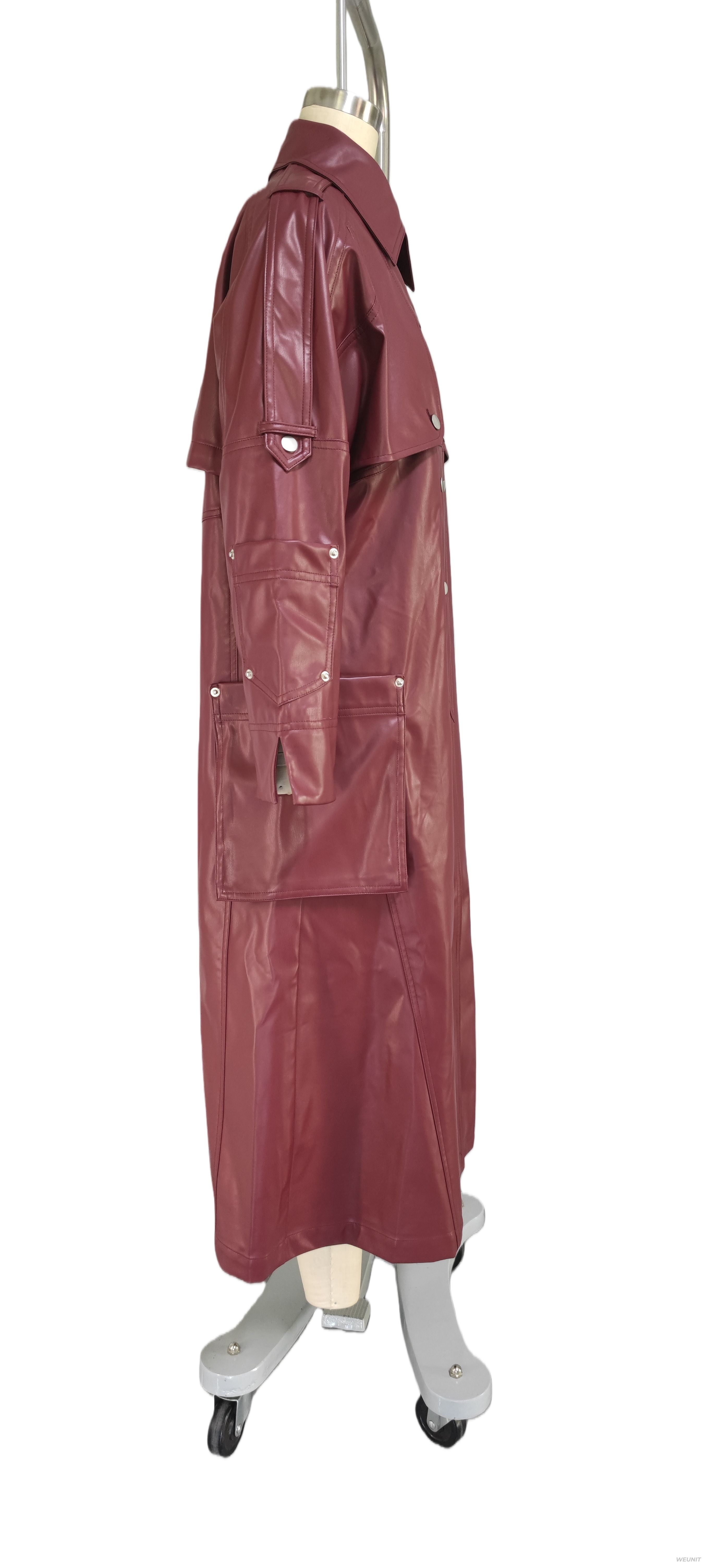 Women's Burgundy Faux Leather Trench Coat with Double - Breasted Design