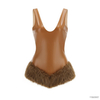 Vintage-Inspired Faux Leather Bodysuit with Fluffy Fur