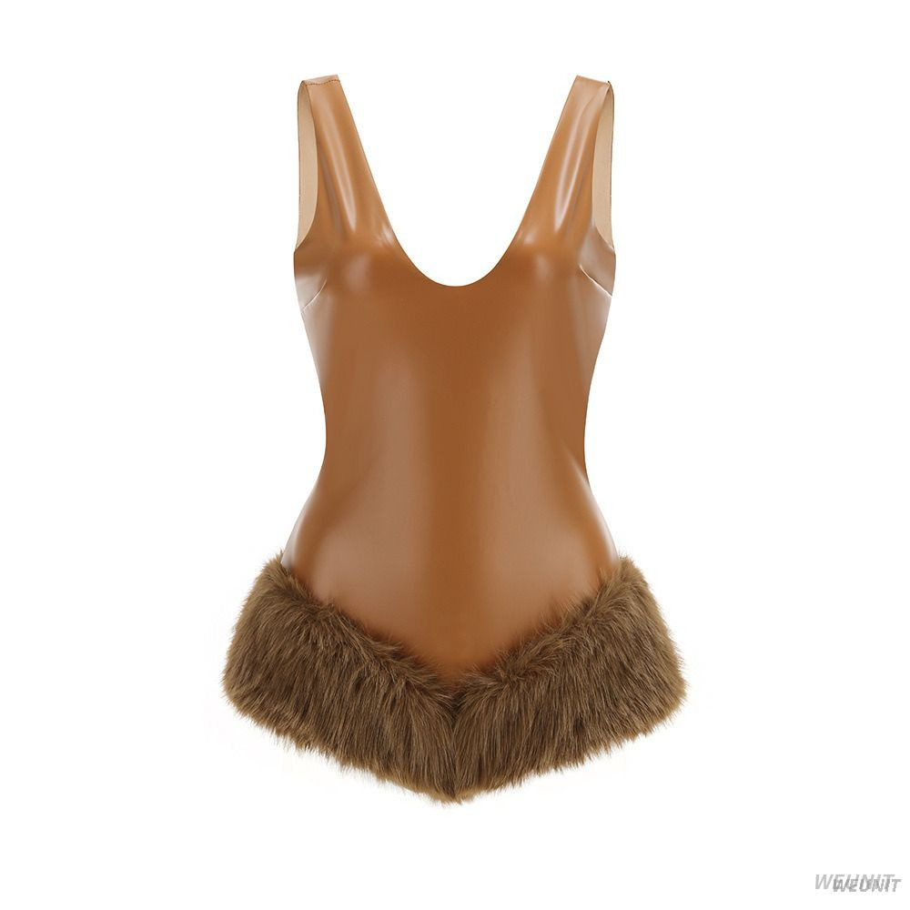 Vintage-Inspired Faux Leather Bodysuit with Fluffy Fur