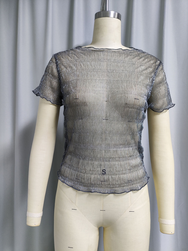 Sheer Sparkle Ruffled Short-Sleeve Crop Top