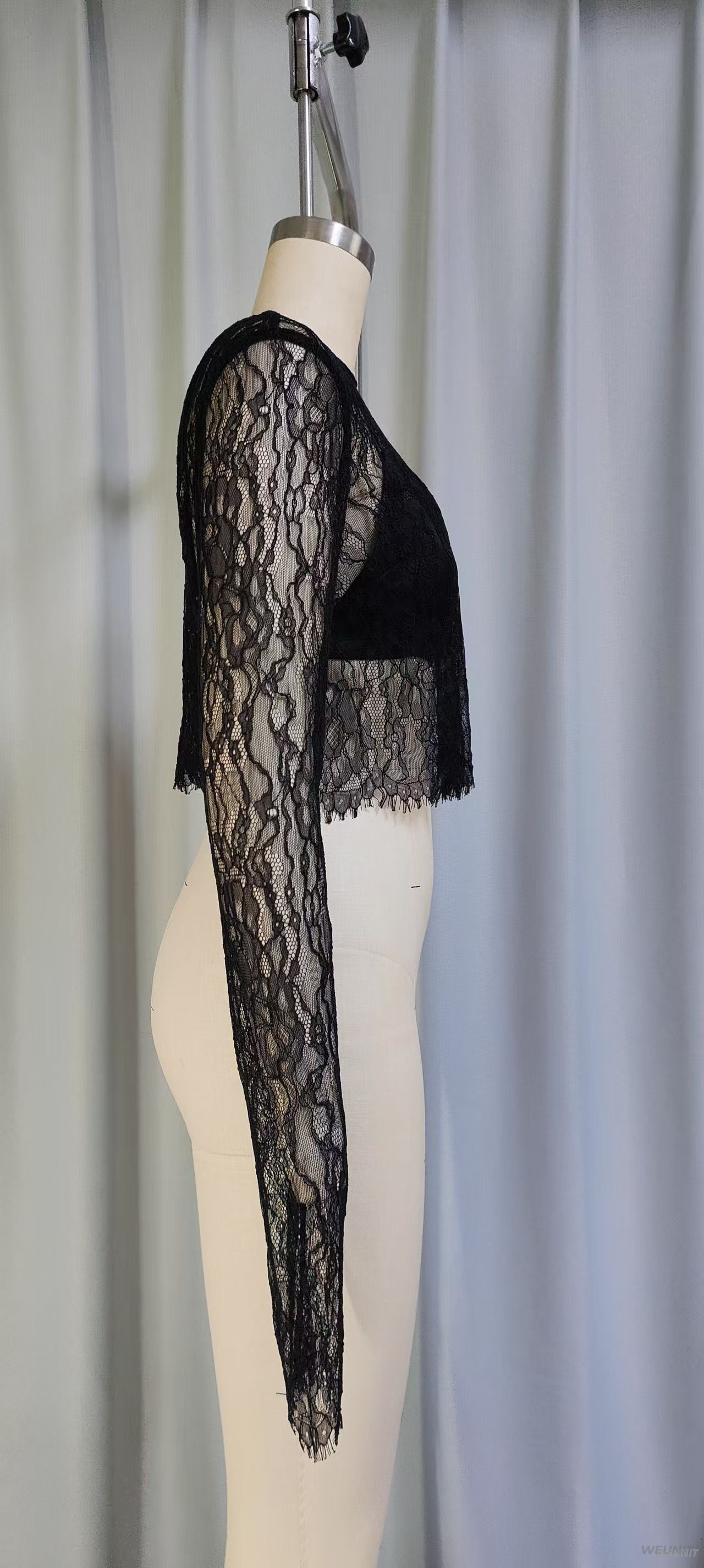 Women's Sheer Long-Sleeve Lace Crop Top with Built-in Bra