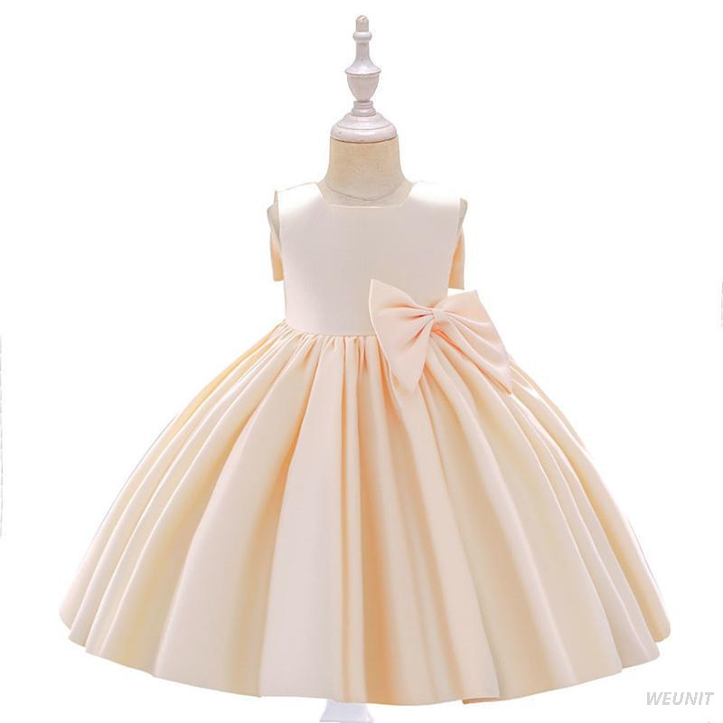 Satin Flower Girl Dress with Gold Bow-Back Elegance