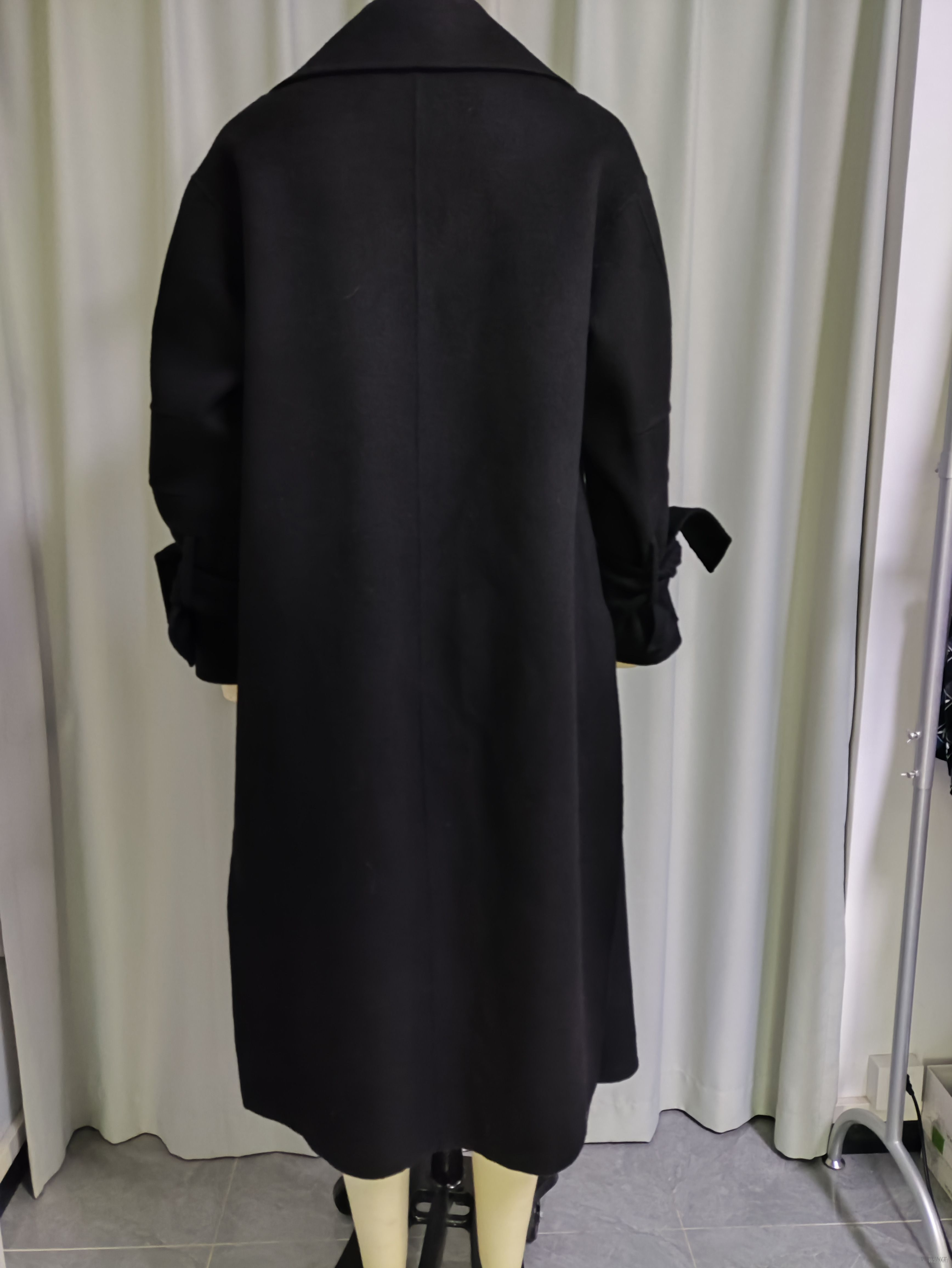 Black Bow-detailed Long Wool Blend Coat for Women