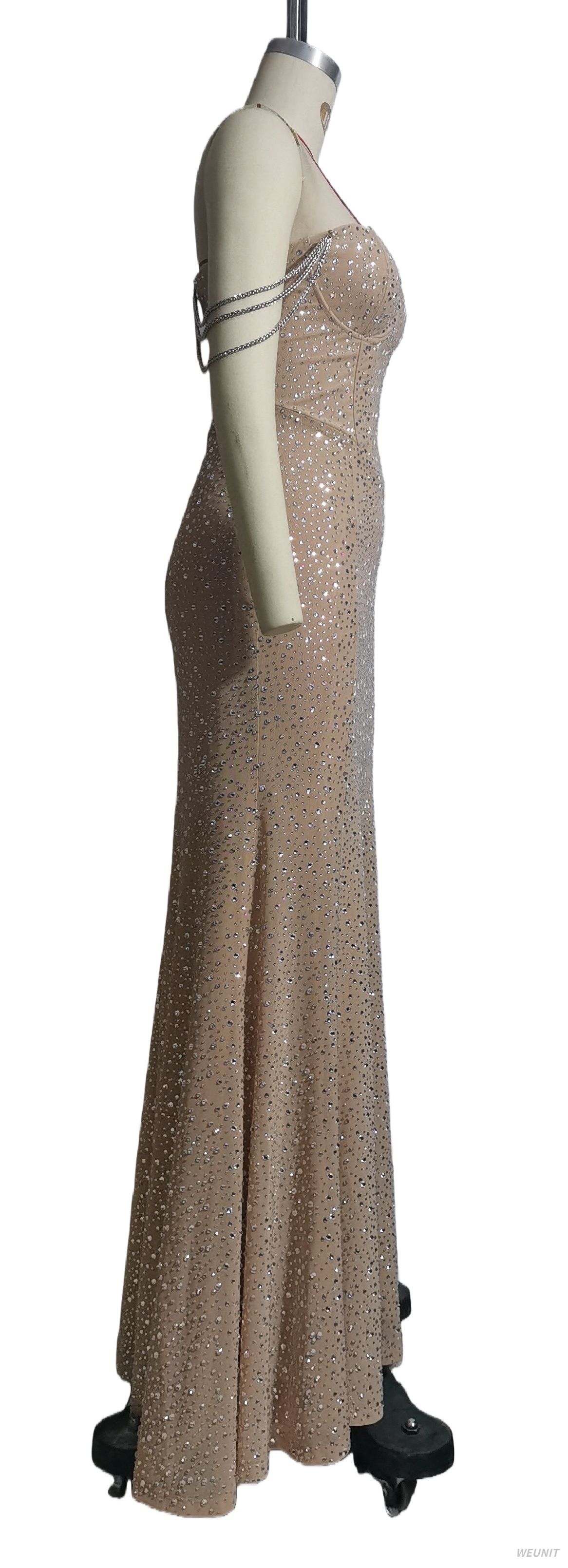 Sparkling Hot-fix Rhinestones Mermaid Evening Gown with Chain-Embellished Straps