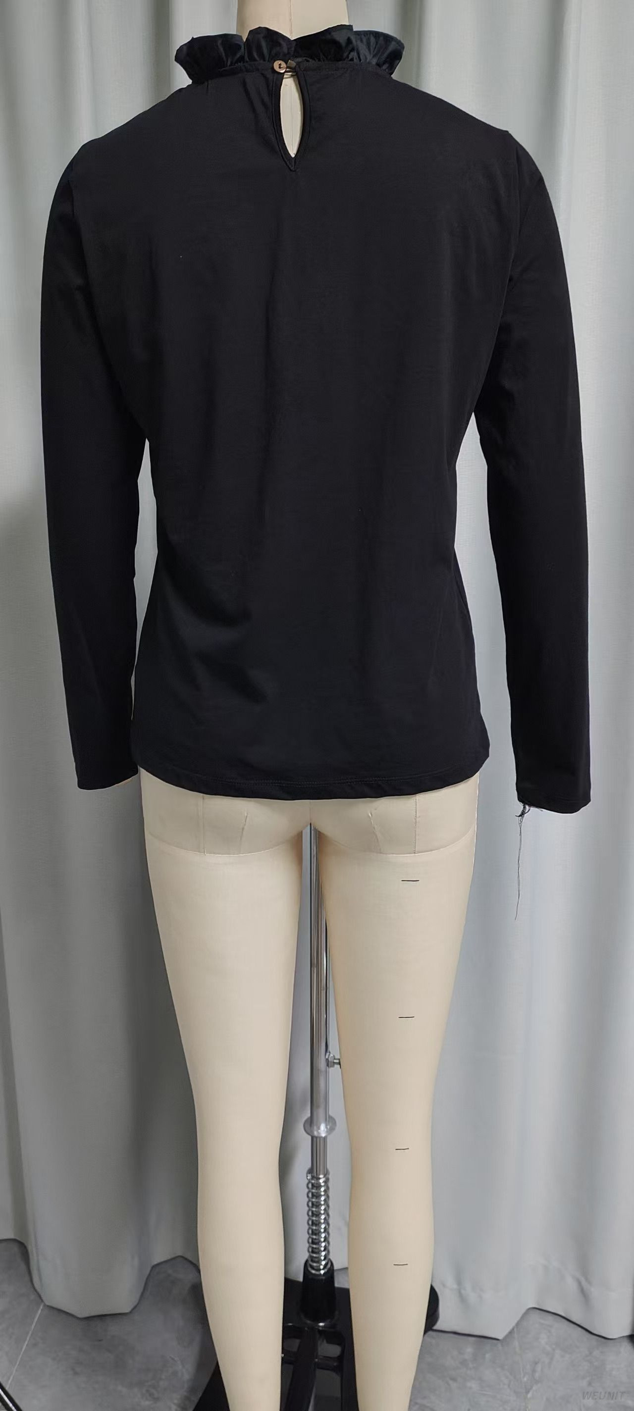 Women's Black Mesh Ruffled Long-Sleeve Top