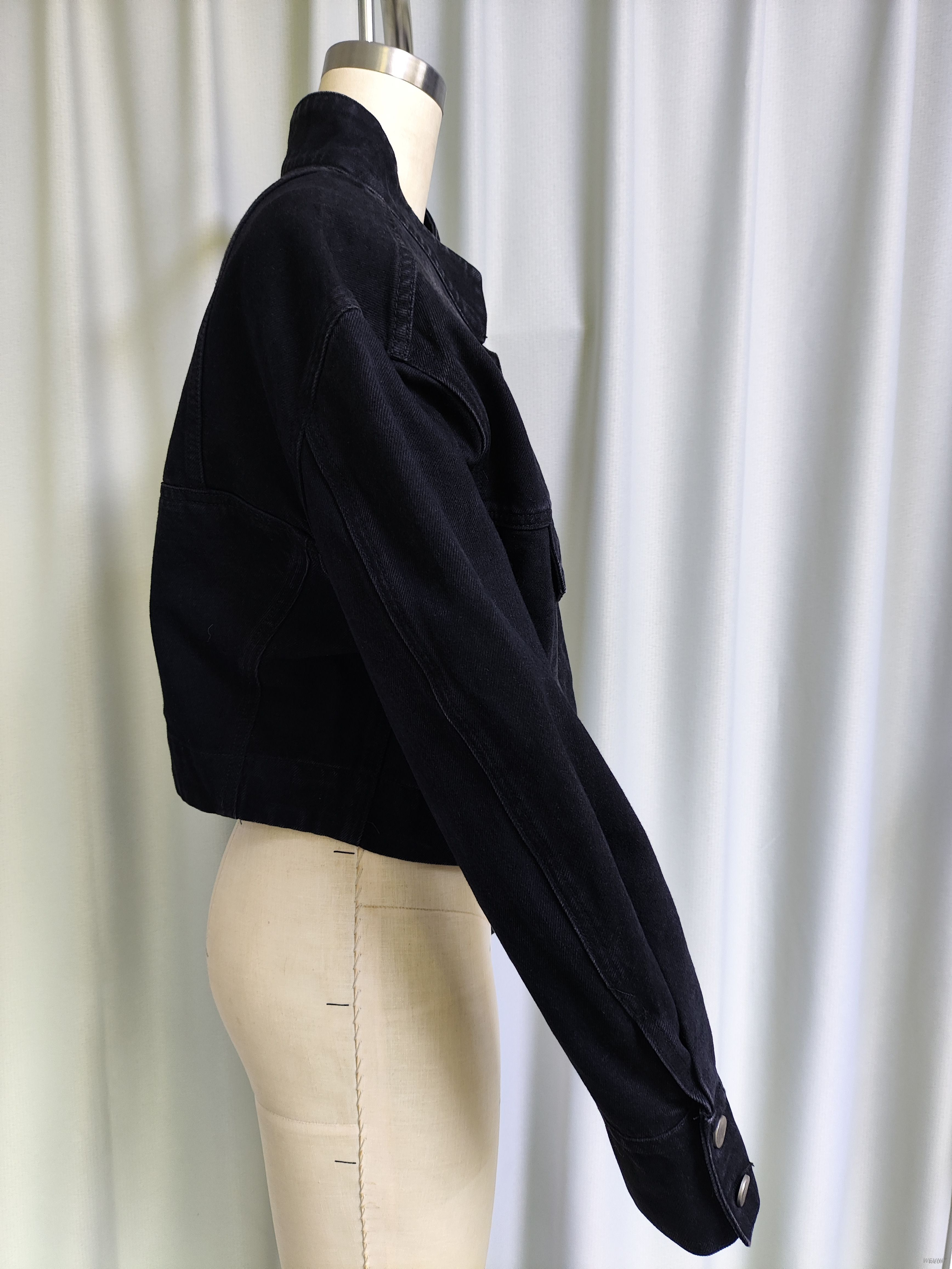 Black Cropped Denim Jacket with Button - Up Pockets