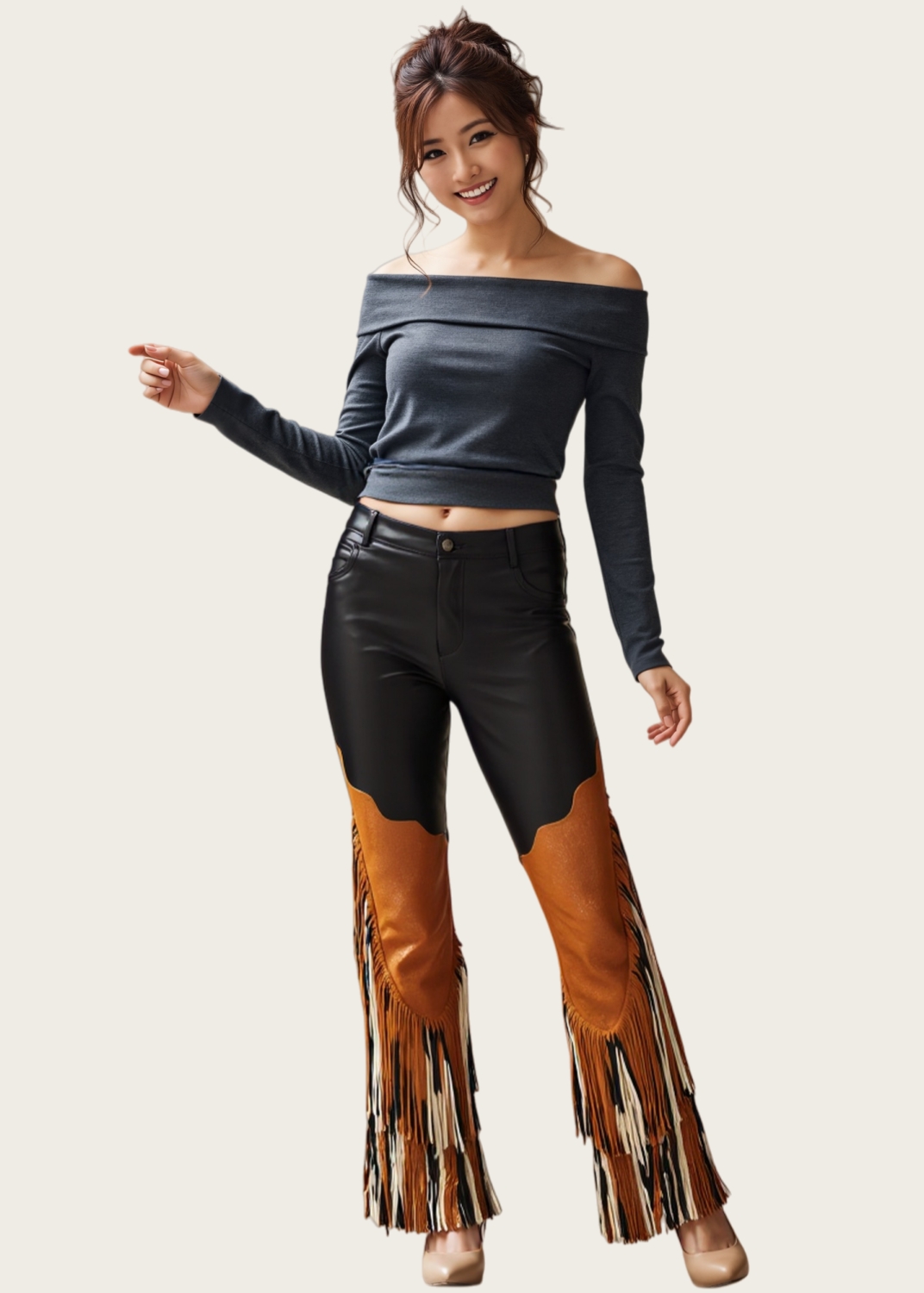 Ladies PU Jeans with fashion leg opening