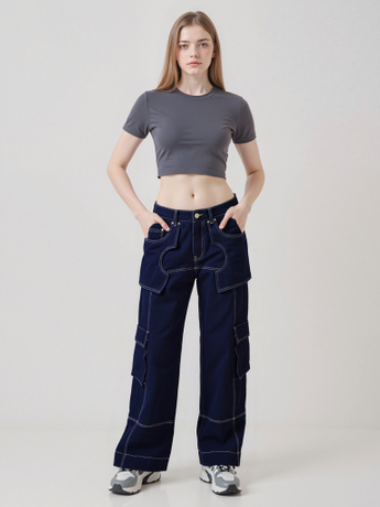 High-Waisted Cargo Denim Wide-leg Pants