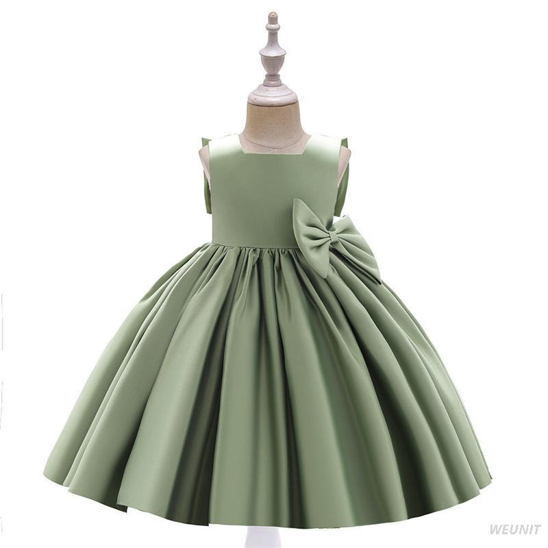 Satin Flower Girl Dress with Gold Bow-Back Elegance