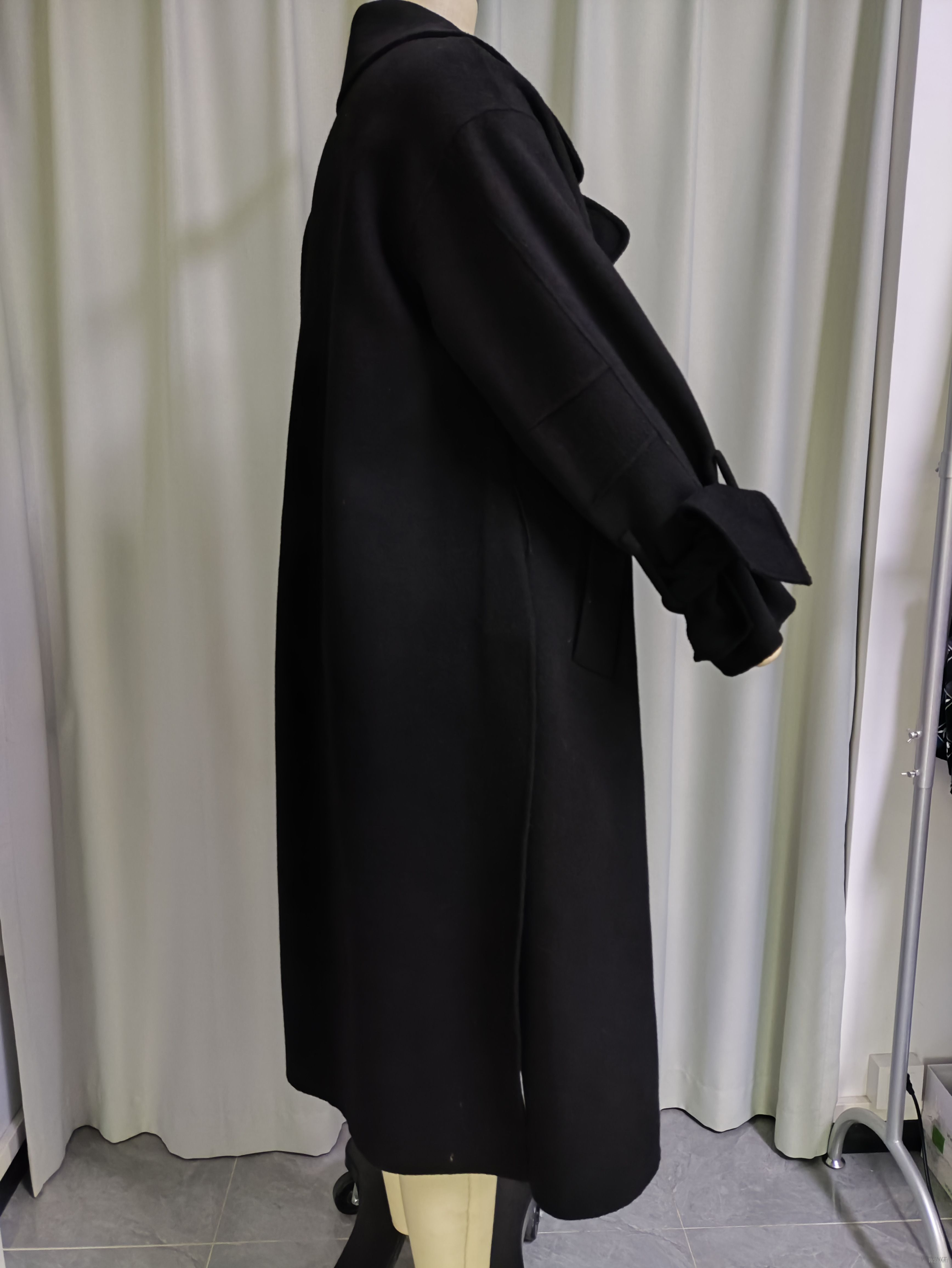 Black Bow-detailed Long Wool Blend Coat for Women