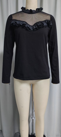 Women's Black Mesh Ruffled Long-Sleeve Top