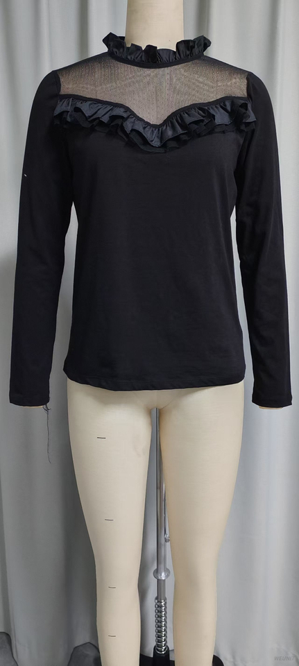 Women's Black Mesh Ruffled Long-Sleeve Top