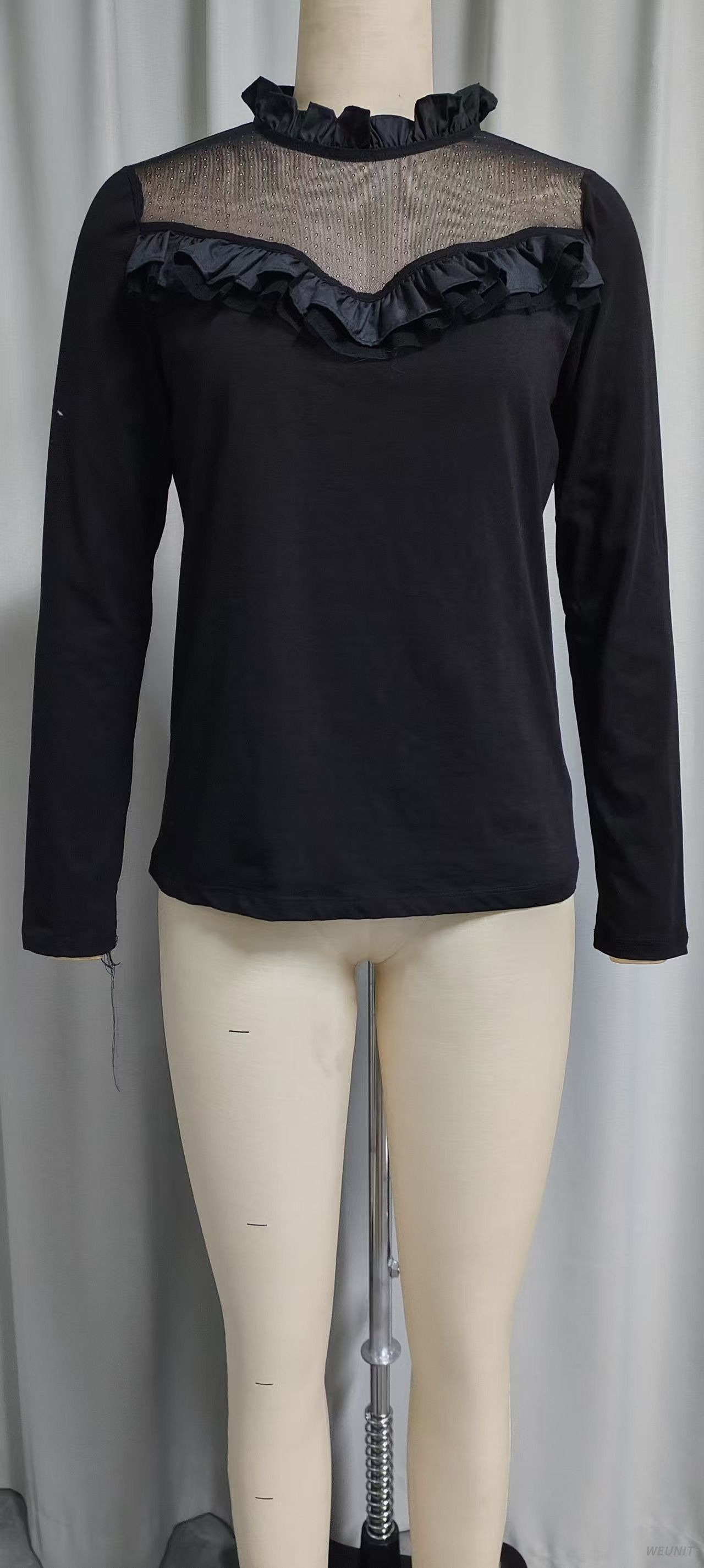 Women's Black Mesh Ruffled Long-Sleeve Top
