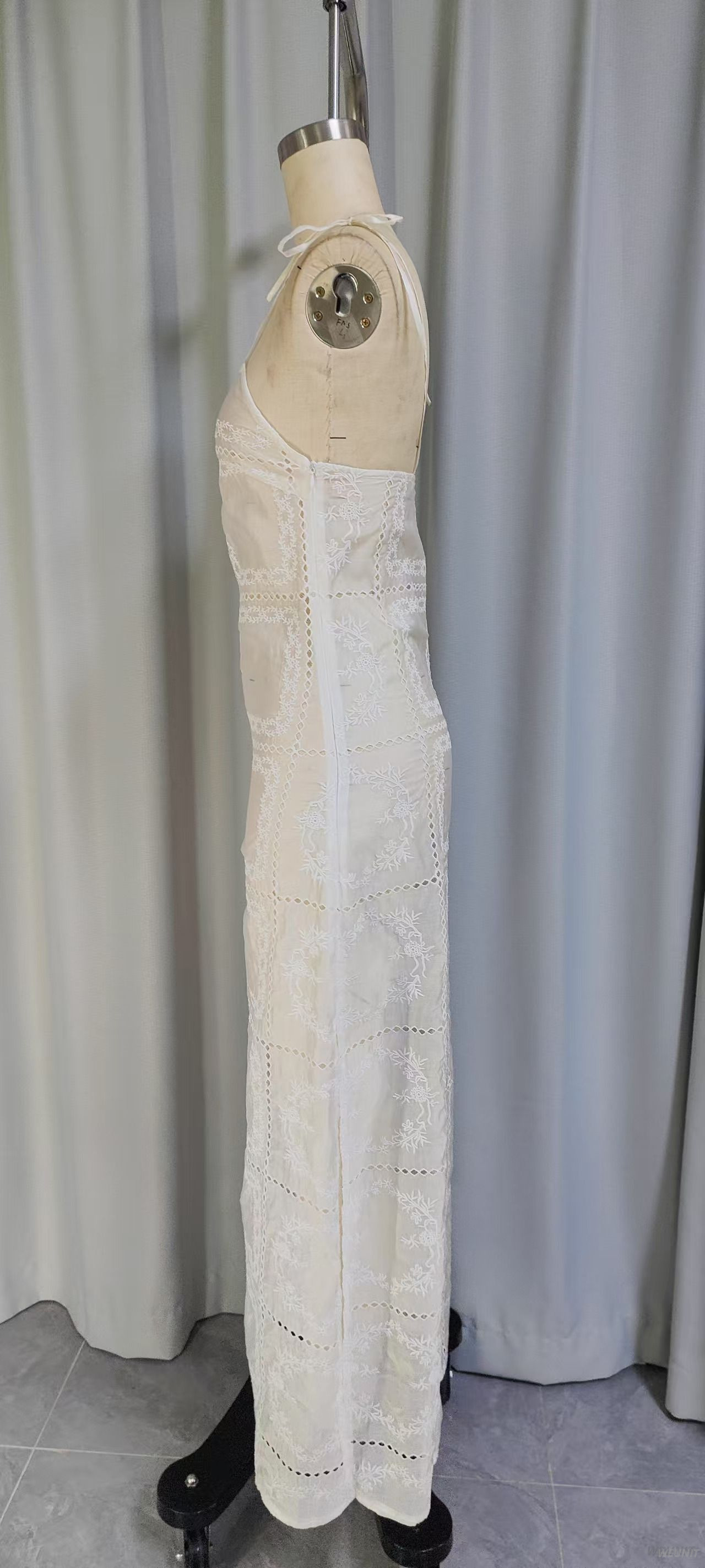 Vintage-inspired Sheer Lace Maxi Slip Dress with Floral Embroidery