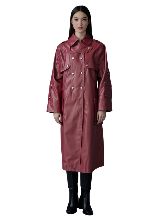 Women's Burgundy Faux Leather Trench Coat with Double - Breasted Design