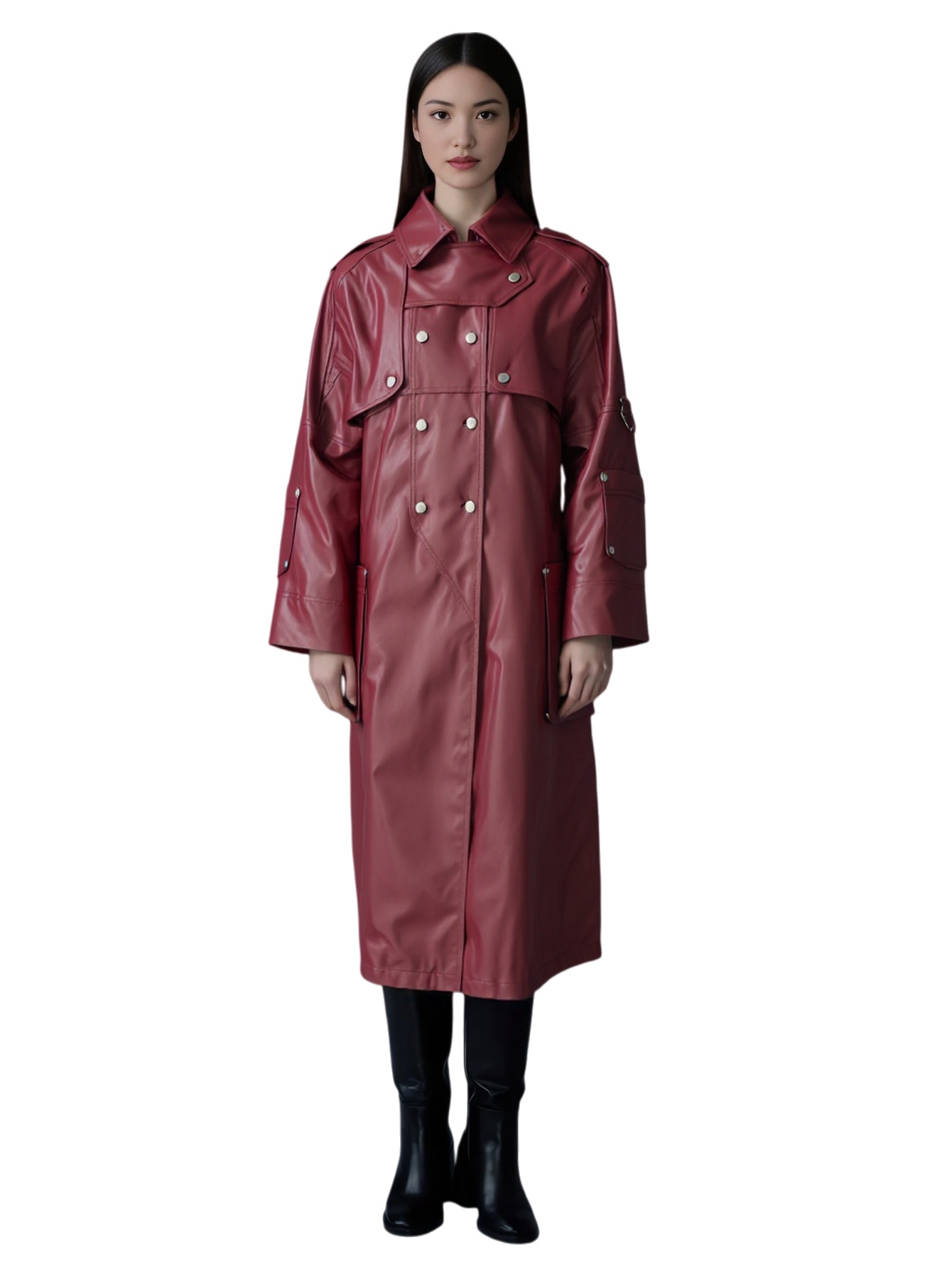 Women's Burgundy Faux Leather Trench Coat with Double - Breasted Design