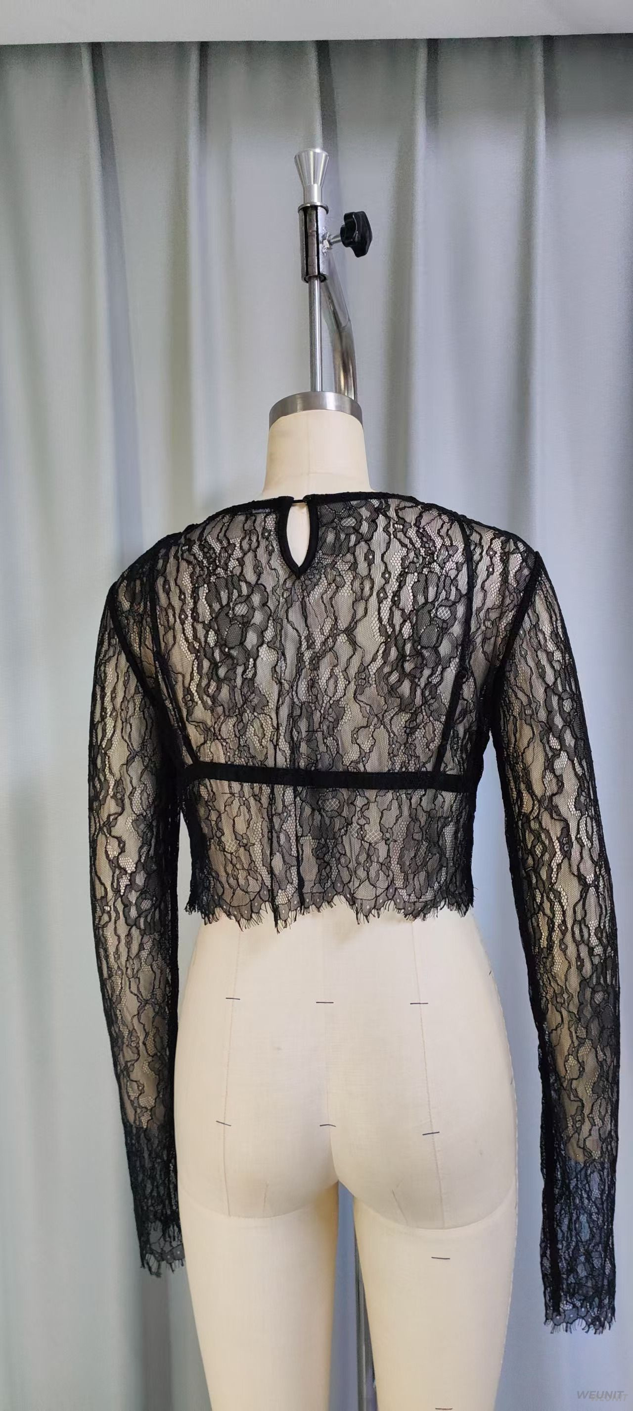 Women's Sheer Long-Sleeve Lace Crop Top with Built-in Bra