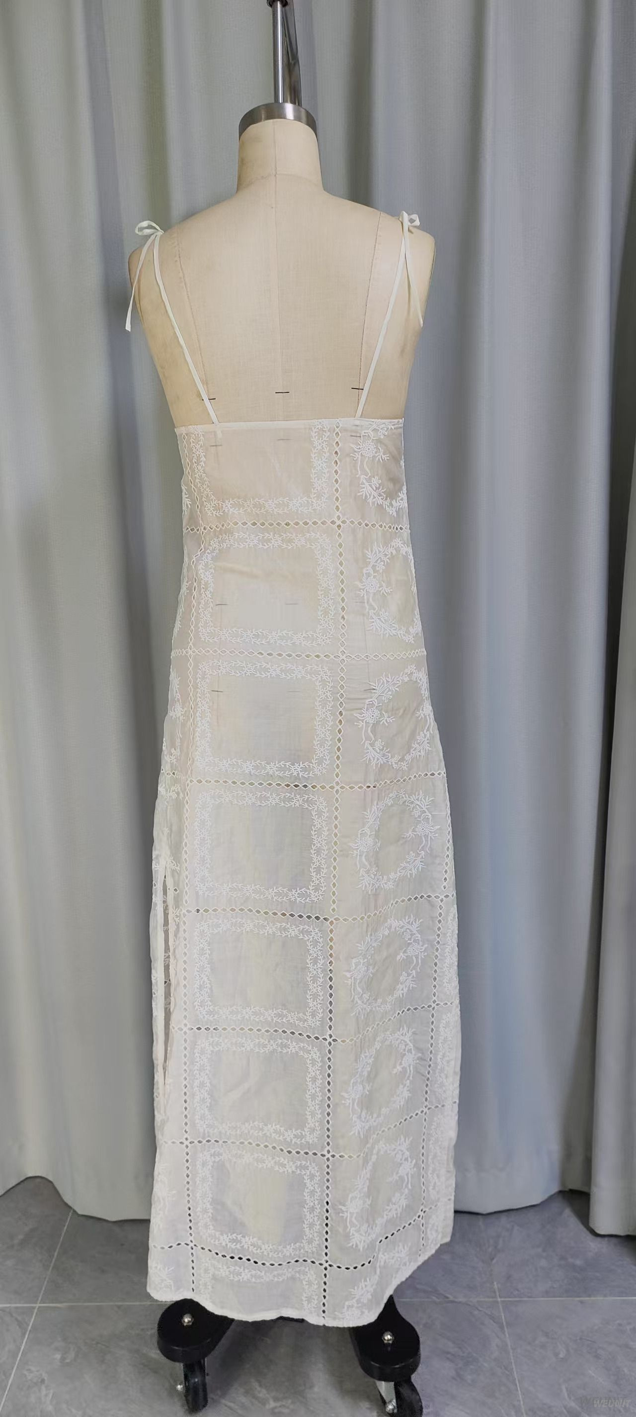 Vintage-inspired Sheer Lace Maxi Slip Dress with Floral Embroidery