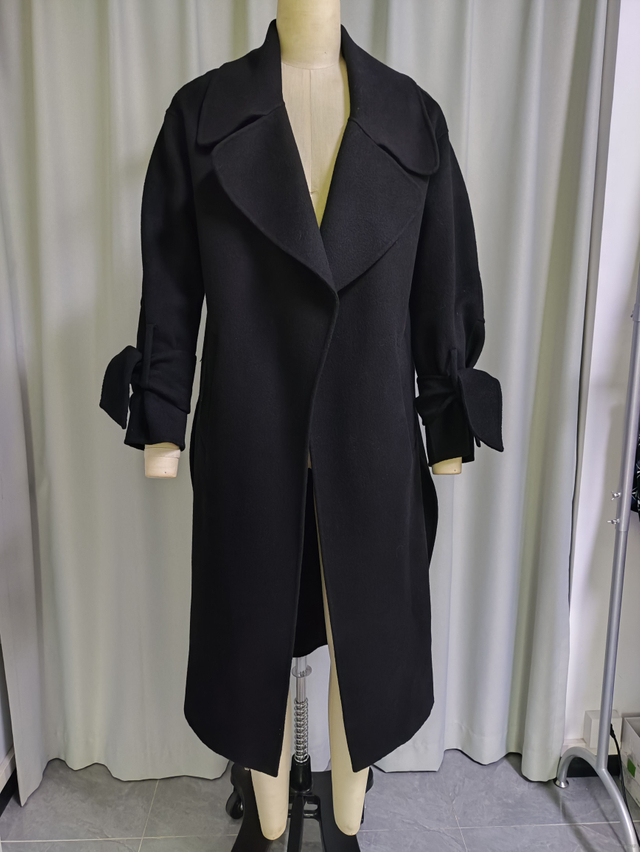 Black Bow-detailed Long Wool Blend Coat for Women
