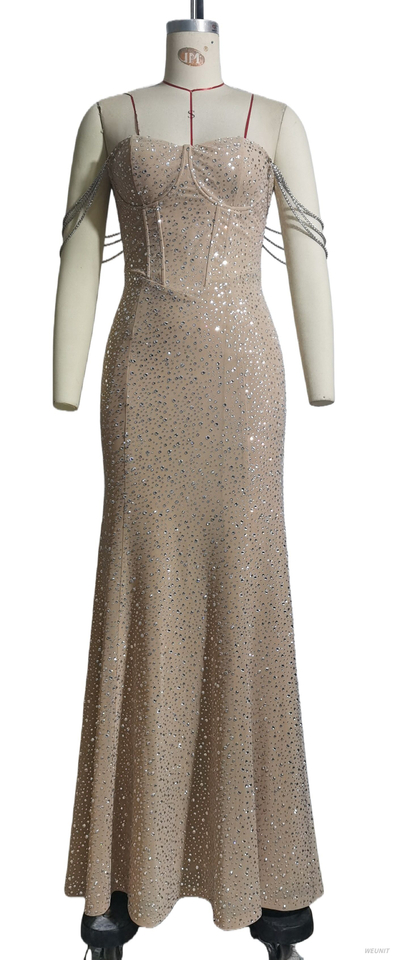 Sparkling Hot-fix Rhinestones Mermaid Evening Gown with Chain-Embellished Straps